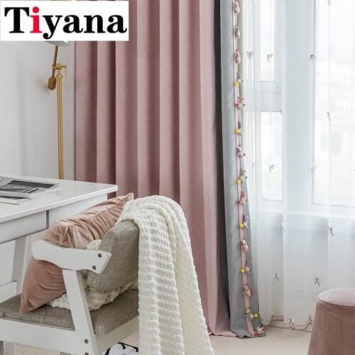 Pink Grey Corduroy Thicker Cutain for Living Room Splice with Beautiful Trojan Lace Cartoon Girls Bedroom Curtains JK012Z