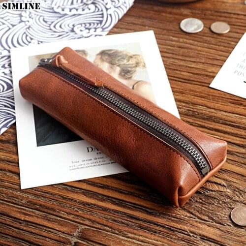 Genuine Leather Pen Bag Vintage Children Student Long Zipper Coin Purse Pencil Case Holder Glasses Storage Bags School Supplies