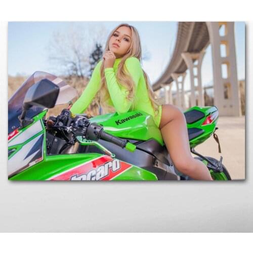 Blonde Hot Girl Kawasaki motorcycles SuperBike Outdoors Wall Art Posters Canvas Printed Artwork Painting for Living Room Decor
