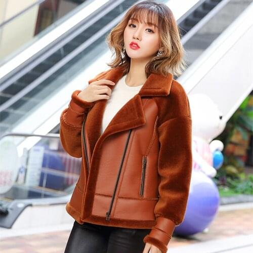 2020 Women Winter Outerwear High Quality Wool Jacket Soft PU Leather Coat Female Casual Loose Plus Size Cashmere Overcoat LY614