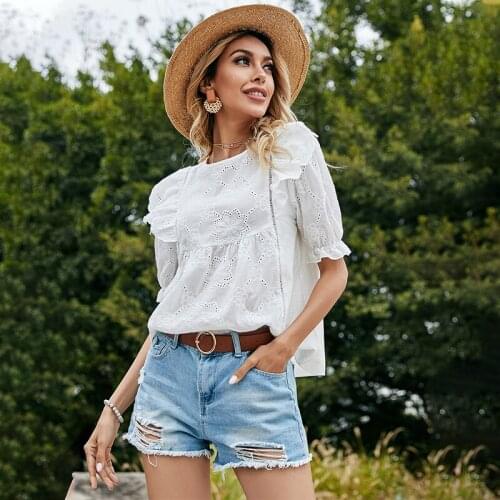 Women Blouses Summer Hollow Out Flowers Ruffled Shirts Loose Tops Short Puff Sleeves Blouse Womens Clothing 2021 Femme Bulsas