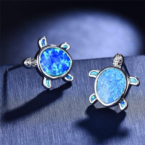 Girls Cute Animal Turtle Stud Earrings 925 Sterling Silver Filled Pear Cut Ocean Blue Fire Opal Stud Earrings For Women Jewelry