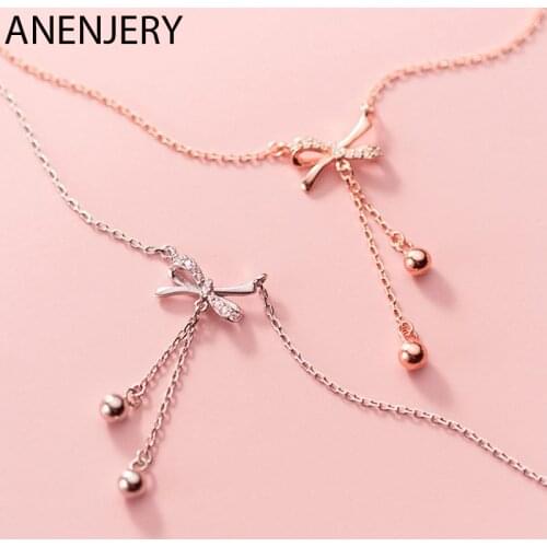 ANENJERY Dainty 925 Sterling Silver Micro Cubic Zircon Bowknot Tassel Necklace for Women Clavicle Chain Necklace Jewelry S-N689