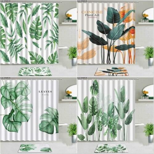 2PCS Tropical Plant Green Leaves Shower Curtains Set Bath Mat Monstera Palm Leaf Bathroom Rugs Non-slip Kitchen Flannel Carpets