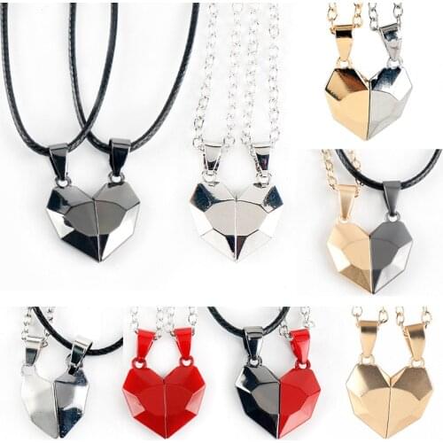 2Pcs Minimalist Lovers Matching Friendship Heart Pendant Couple Magnetic Distance Faceted Heart Pendant Necklace Couple Jewelry