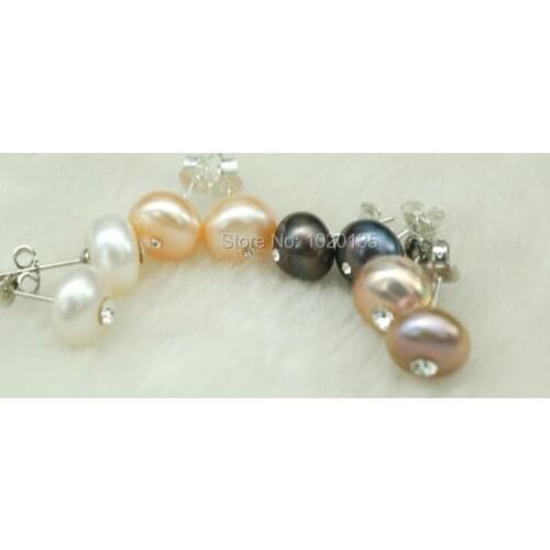4pairs freshwater pearl stud coin earrings nature white pink purple black 7-9mm