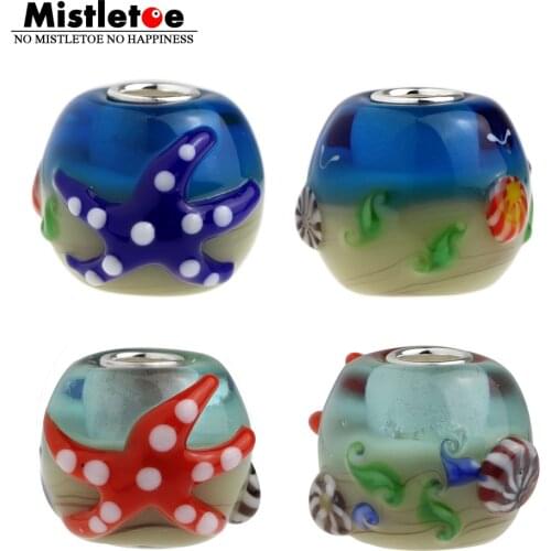 925 Sterling Silver Large Hole 3D The Underwater world Starfish Murano Glass Charm Beads Fit European 3.5mm Bracelet Jewelry