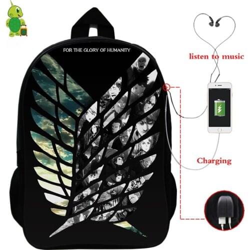 Anime Attack on Titan Backpack USB Charge Laptop Backpack School Bags for Teenage Boy Girl Womens Backpack Travel Shoulder Bags