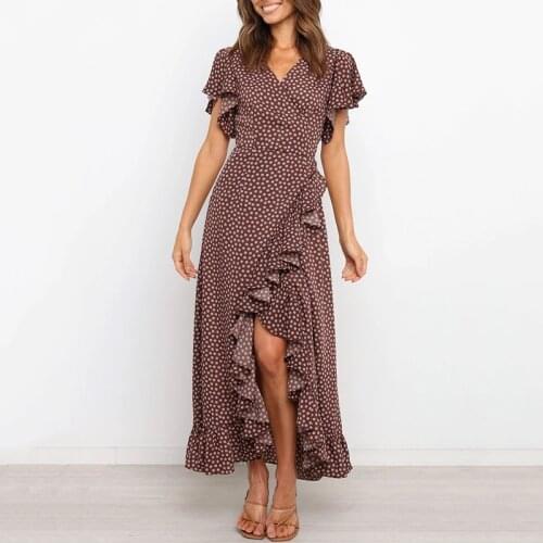 Ardm Elegant Ruffled женское платье V Neck Summer Maxi Dress Split Polka Dot Vintage Boho Sashes Ladies Vestido Party Dress