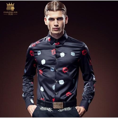 Free Shipping New fashion casual male mens personality Europe autumn slim non-ironing shirt 2093 Rose Print On Sale