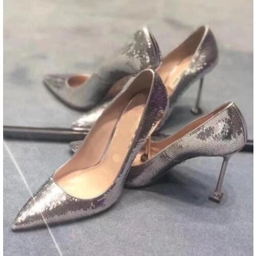 Carpaton Newest Glitter Embellished High Heel Shoes Woman Pointed Toe Wedding Shoes Elegant Office Lady Heels Silver Gold