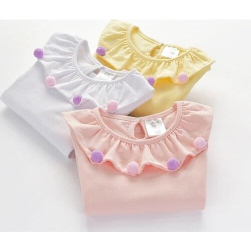 Childrens T Shirt Girls T-shirt Baby Clothing Little Girl Autumn Shirt Tees Pom Pom Design Cotton Ruffles Collar Clothes 1-6Y