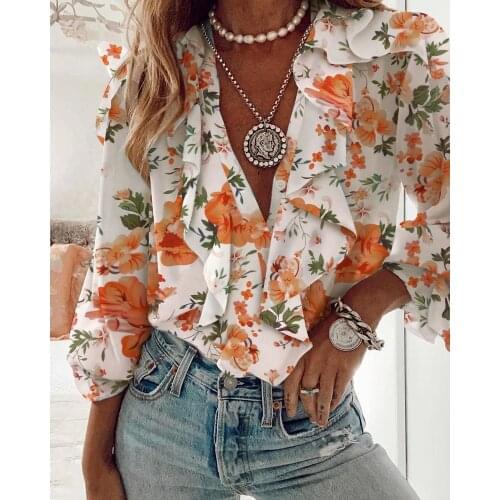Hirigin Elegant Floral Print Blouse Ruffle Women Shirt Vintage V-Neck Tops Office Lady Summer Sexy Long Sleeve Chiffon Blouses