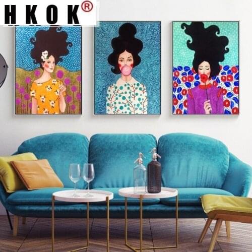 HKOK Abstract Fashion Flower Girl Posters Prints Canvas Painting Wall Art Minimalist Pictures For Bedroom Living Room Home Decor