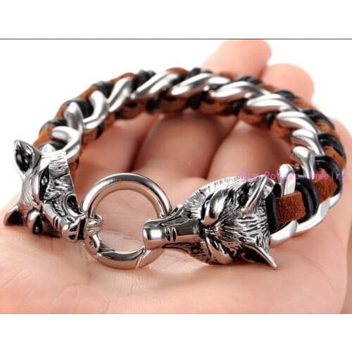 Perfect Technology Brown Black Leather With Silver Color Wolf Head Casting Bracelet 316L Stainless Steel Cool Mens Jewelry 98g