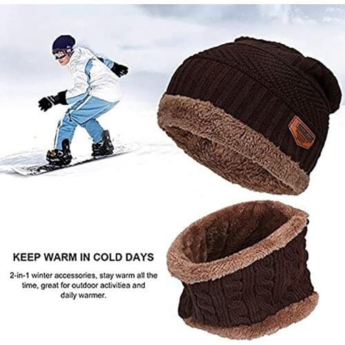 Winter Skiing Cycling Neck Warmer Knitted Hat Scarf Set Fur Wool Lining Thick Warm Knit Beanies Balaclava Outdoor Sports Hat