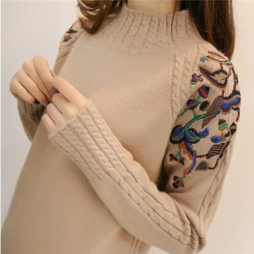 Korean Women Sweater 2020 Pullover Cotton Autumn Winter Embroidery Loose Solid Long Sleeve Jumper Casual Pullover Sweater Women