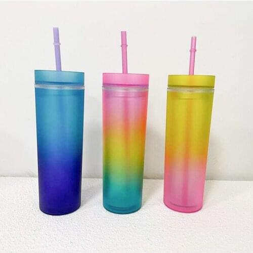 Gradient Acrylic Skinny Tumbler 16oz/450ml Plastic Rainbow Color Slim Cup With Lid And Straws Straight Water Bottle