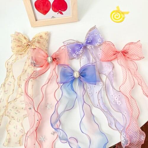 Summer Children Cute Sweet Pearl Crown Ribbon Bow Ornament Hair Clips Girls Lovely Barrettes Hairpins Kids Hair Accessories