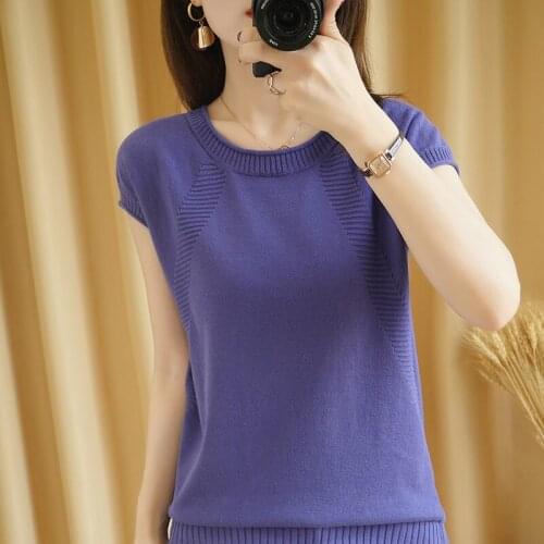 Summer new style cotton O-neck knitted short-sleeved T-shirt short loose pullover half-sleeved ladies top