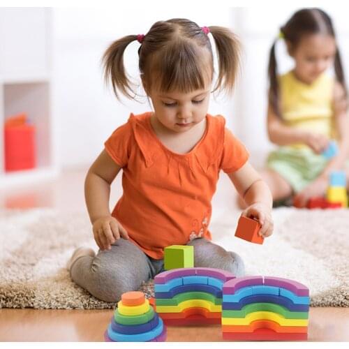 Give Children Best Enlightenment Toy Gift Geometric Wooden Rainbow Stacker Building Blocks Kids Montessori Educational Toy