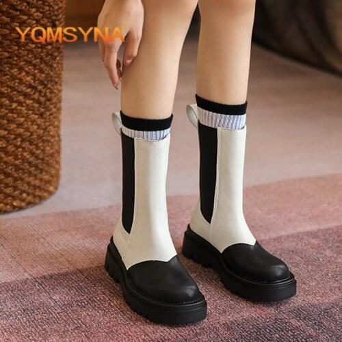 YQMSYNA Fashion Chelsea Boots Genuine Leather Round Toe Mixed Colors Boots Square Heel Thick Bottom Non-slip Office Shoes AS363