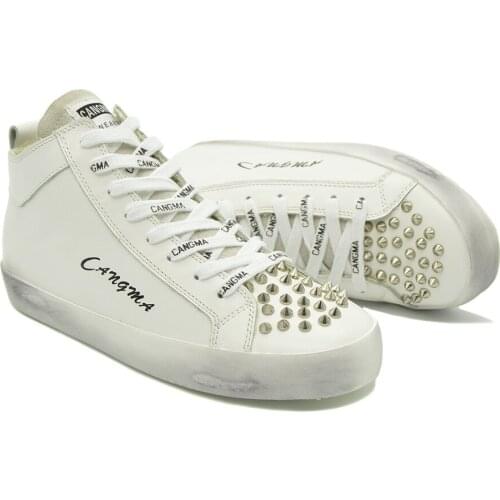 CANGMA Luxury Brand Designer Genuine Leather Shoes Mens Rivets White Sneakers For s Casual Shoes Mid Male Sneaker