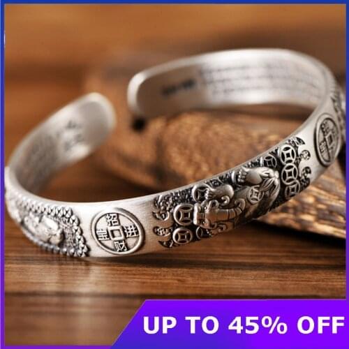 Real Solid 999 Sterling Silver Brave Troops Bangle for Women and Men Bring In Wealth and Treasure Bracelet Buddhist Jewelry Gift