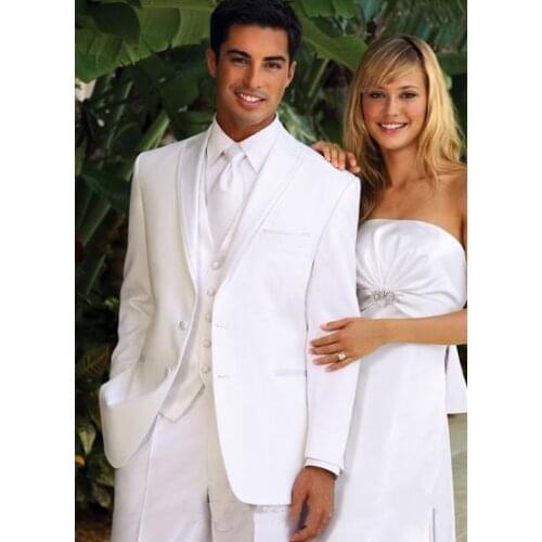 New Arrival Two Buttons White Groom Tuxedos Peak Lapel Groomsmen Men Wedding Blazer Prom Suits (Jacket+Pants+Vest+Tie)