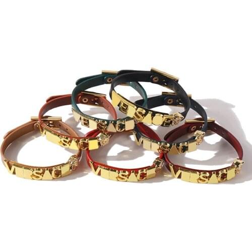 New Fashion Gold Metal Lady Adjustable Button Bracelet Women Men Brown Black White Initial Letter Leather Wrap Bracelet