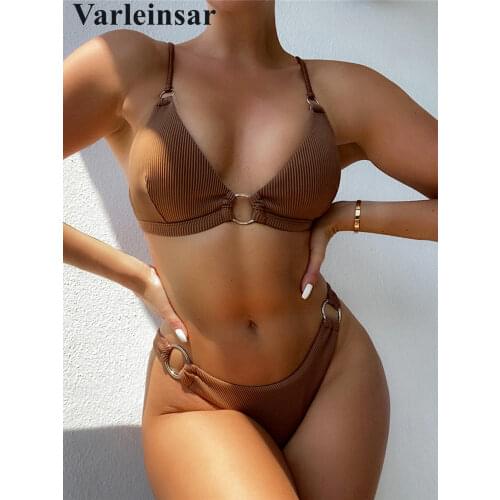 New Sexy Ribbed High Leg Cut Bikini Women Swimwear Female Swimsuit Two-pieces Bikini set Padded Bather Bathing Suit Swim V3138