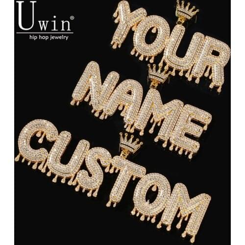 UIWN Name Necklace Men Customize Drip Crown Intial Letter Pendant color Rose gold Commission Gift Jewelry Cuban Rope Chain