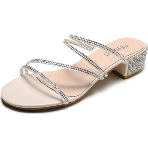 Sandals women 2021 summer slippers rhinestone buckle thick high heels sandals shoes woman sandals sapatos de mujer