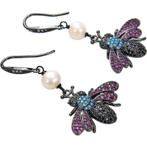 JK White Pearl CZ Pave Insect Bees Gunetal CZ Stud Earrings