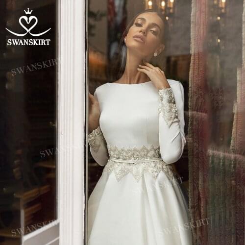 Wedding Dress Crystal Long Sleeve A-Line Luxury Satin Court Train Bridal Gown 2021 New Princess SwanSarah UZ113 Vestido De Novia