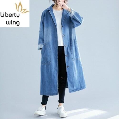 Women Fashion Sleeve Turn Down Collar Long Coats Female Trench Single Breasted Casual Denim Jean Outwear Large Size 4XL