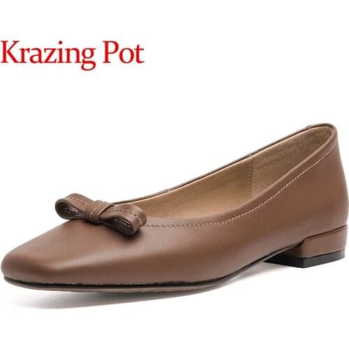 Krazing Pot genuine leather square toe low heels shallow simple style young lady solid butterfly-knot slip on women pumps L32
