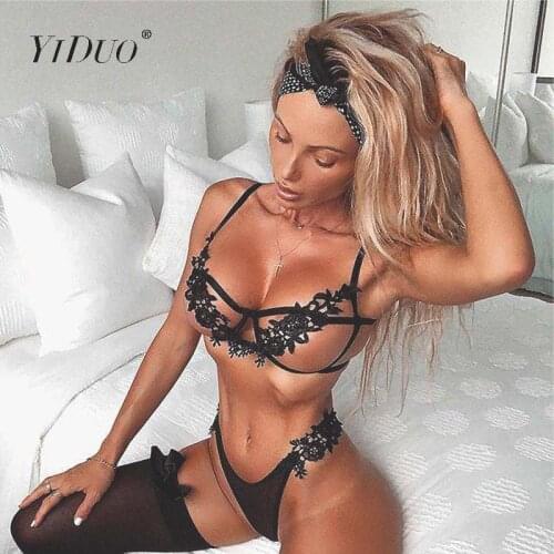 YiDuo 2020 New Women Black Floral Embroidery Sexy Mesh Lingerie Set Transparent Underwear Bra And String Club 2 Piece Set