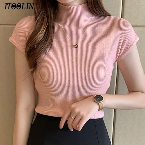 HELIAR Spring Womens Turtleneck T-shirts Slim Short Sleeve Crop Tops Pink Female Summer 2021 Streetwear Skinny Knitred Tees