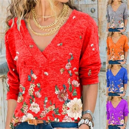 Women Elegant Flower Print V Neck Blouse Shirt Autumn Casual Long Sleeve Pullover Tops Office Ladies Retro Plus Size Shirt Blusa