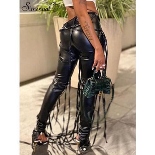Simenual Midnight Faux PU Leather Skinny Pants Ribbon Criss Cross Women High Waist Pencil Trousers Fashion Fall 2021 Clothing