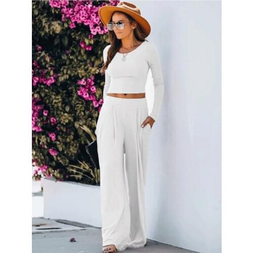 Women Solid Rib Knitted Casual Clothing Sets Lady Long Sleeve O Neck Crop Top + High Waist Full Length Loose Pants Trousers