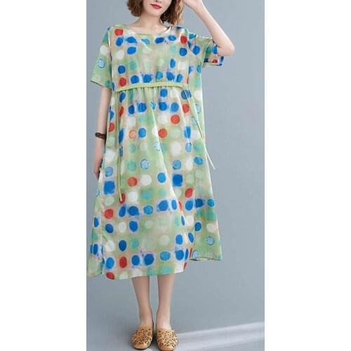 Women Summer Cotton Linen Long Dress New Arrival 2021 Vintage Style Colorful Polka Dots Print Loose Female Casual Dresses B750
