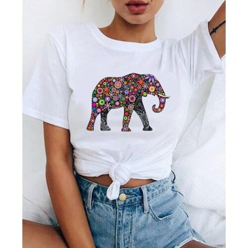Women T shirt Kawaii Elephant Print Short Sleeve Round Neck Harajuku Ulzzang Female T shirts O-neck Top Tees