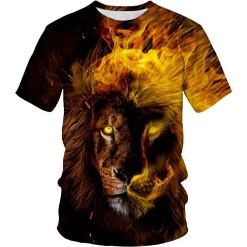 Summer Mens T-Shirt Fierce Flame Lion Tiger Tops 3D Printed Short-Sleeved Funny Animal Casual Round Neck Shirt Streetwear