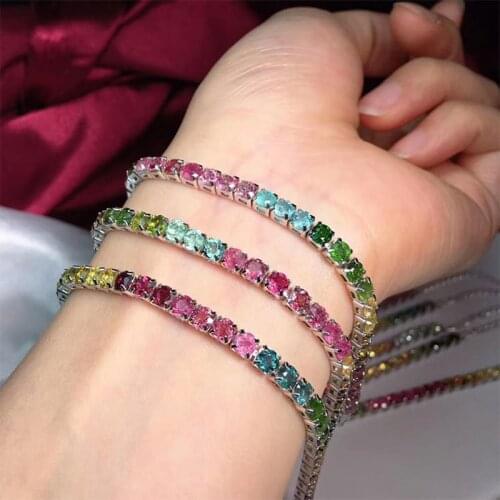 Icnway 19cm Natural Rainbow Tourmaline 3mm 4mm Faceted Round Gemstone S925 Sterling Silver Chain Bracelet