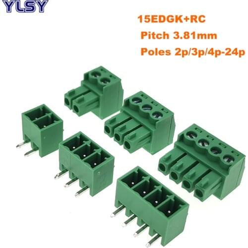 50pcs Pitch 3.81mm 15EDGK Right Angle Pin 2P 3P 4P Screw Plug-in PCB Terminal Block Male/Female Pluggable Connector Morsettiera