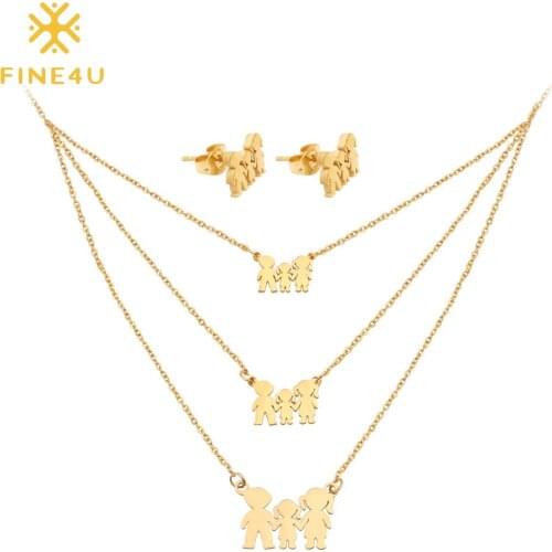 FINE4U N158 Luxury Multi-layer Family Necklace Earrings Sets Stainless Steel Women Wedding Bridal Jewelry Set Trendy Jewelry