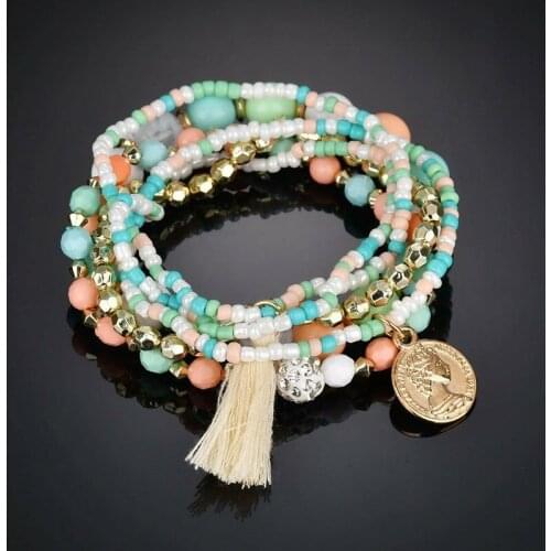 Fashion Bracelet Fashion new womens Bohemian natural stone crystal bead multi-layer Coin Pearl Bracelet