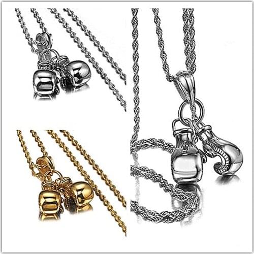 Granny Chic Men Necklace Gold Silver Color Stainless Steel HipHop Chain Pair Boxing Glove Mini Pendant Sport Fitness Jewelry